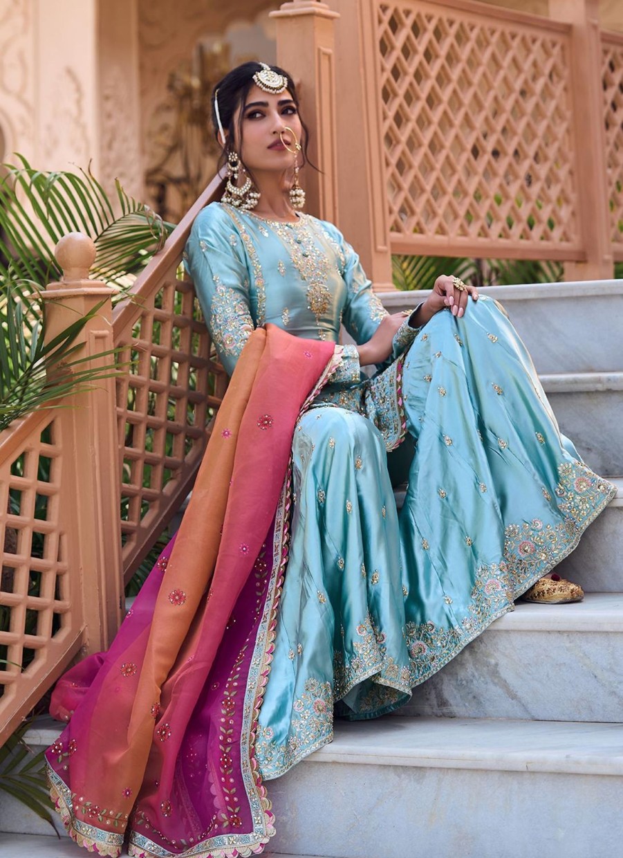 Women Lashkaraa | Dusty Mint Embroidered Gharara Suit