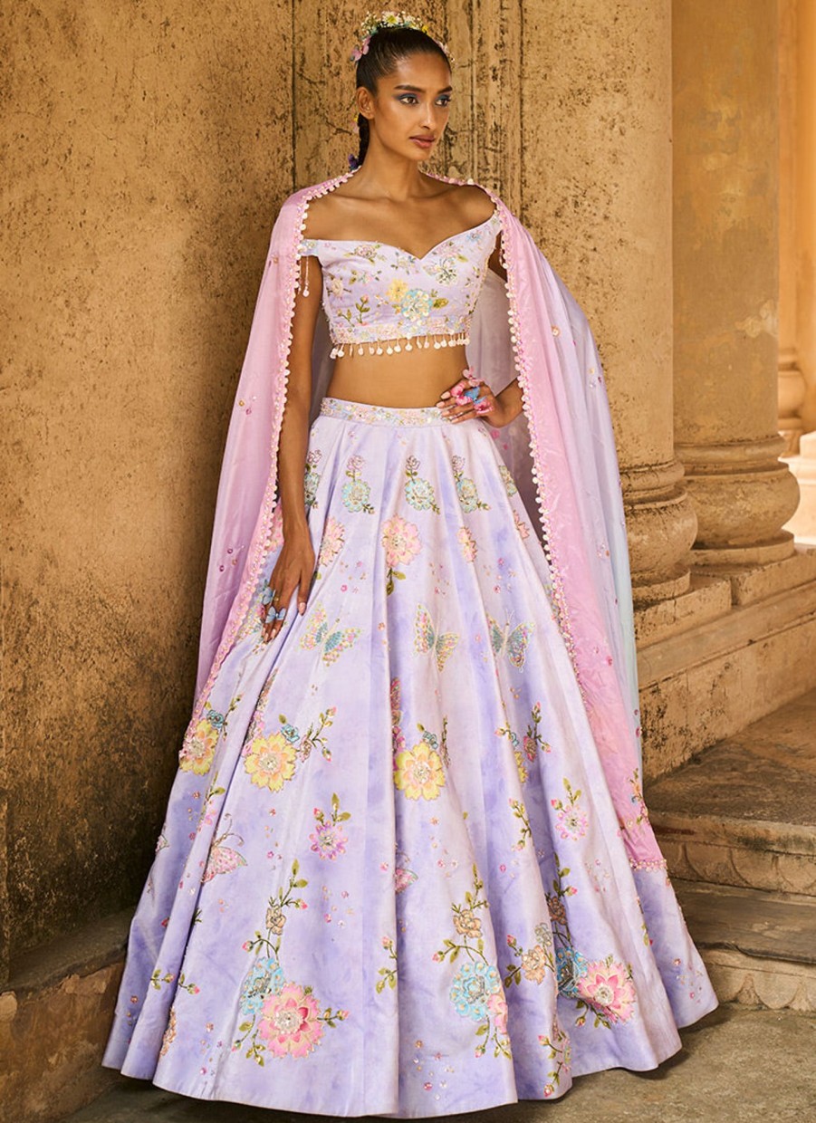 Women Lashkaraa | Periwinkle Embellished Velvet Lehenga