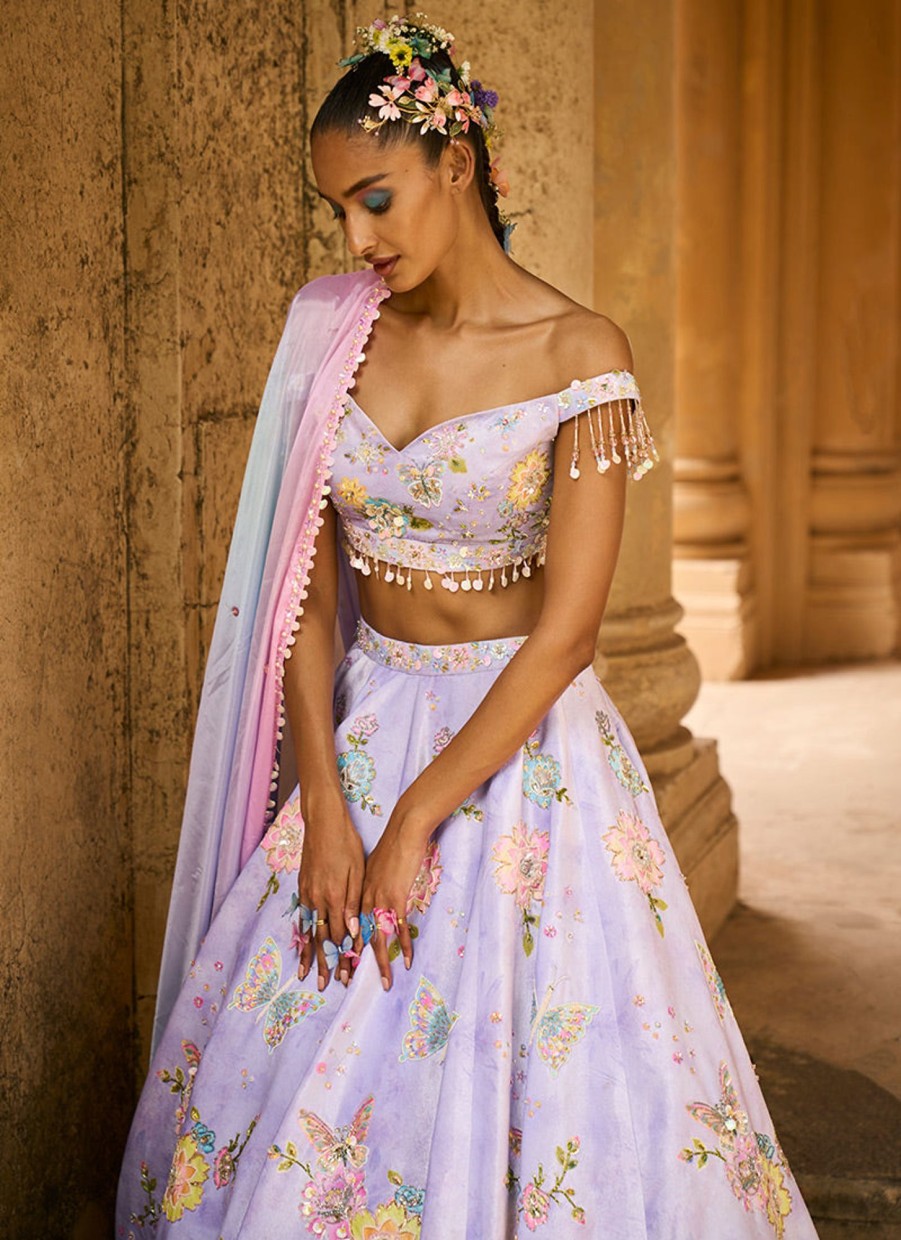 Women Lashkaraa | Periwinkle Embellished Velvet Lehenga