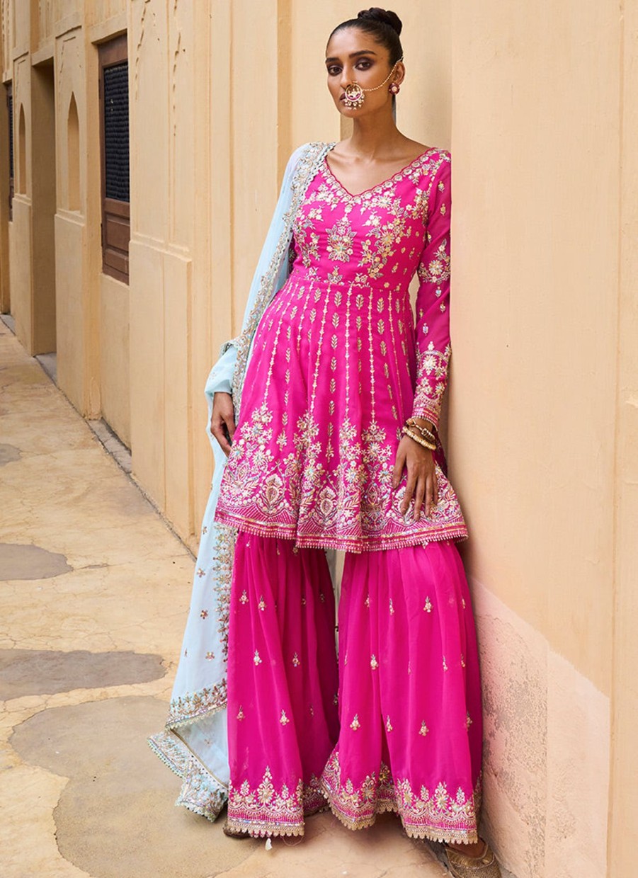 Women Lashkaraa | Hot Pink And Mint Georgette Gharara Suit