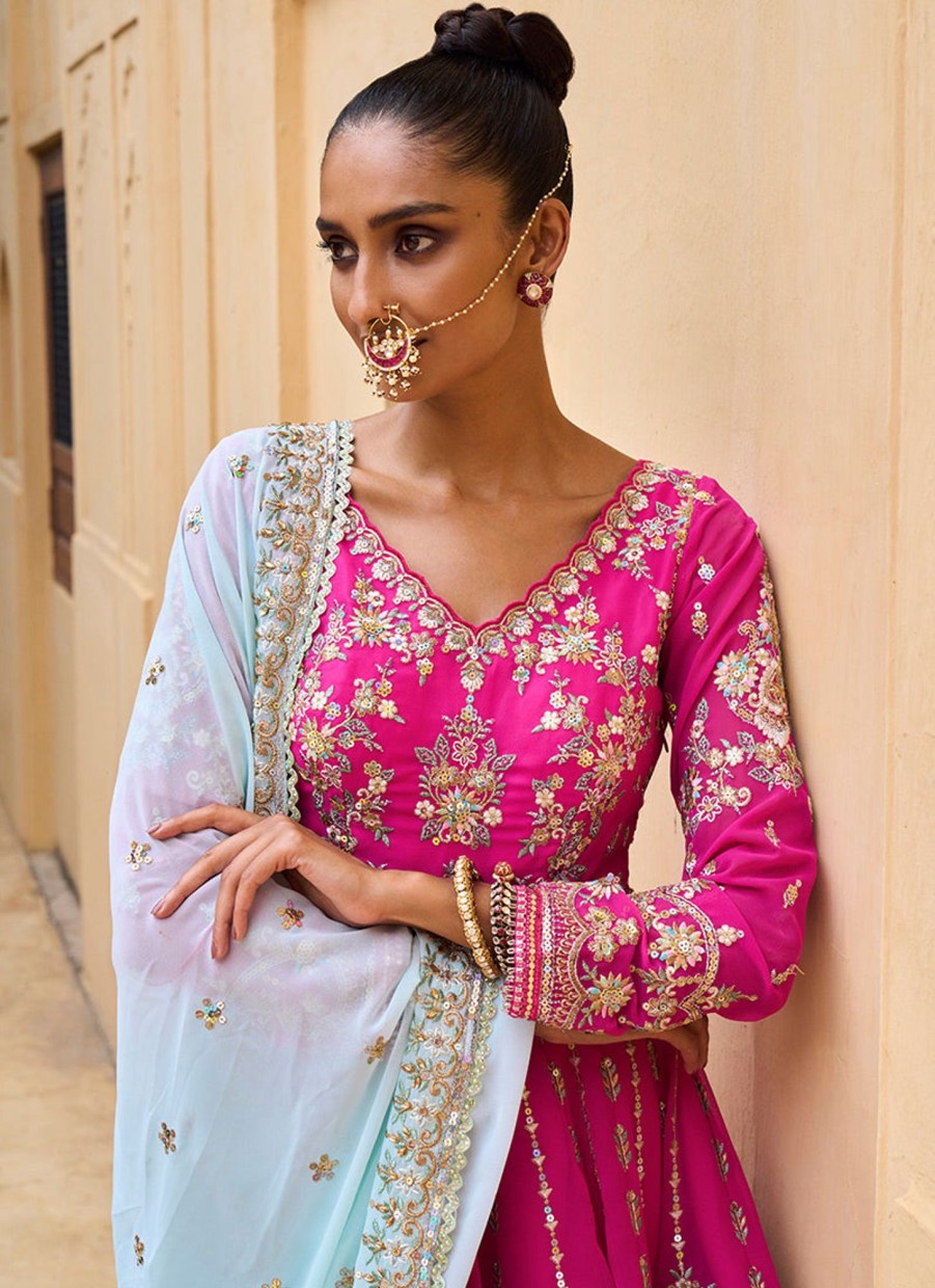 Women Lashkaraa | Hot Pink And Mint Georgette Gharara Suit