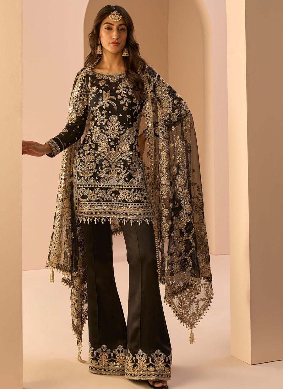 Women Lashkaraa | Black Embroidered Pant Suit