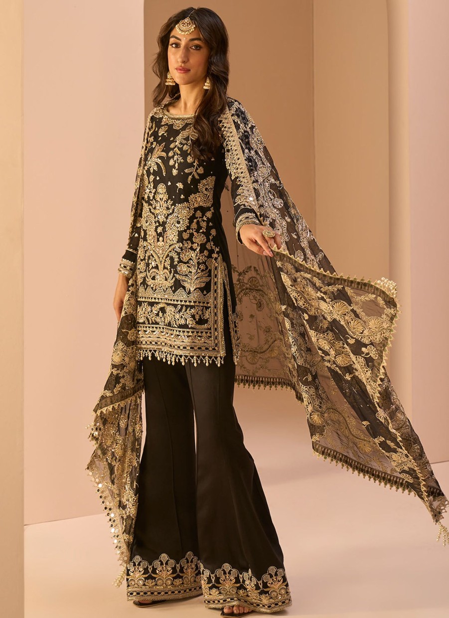 Women Lashkaraa | Black Embroidered Pant Suit