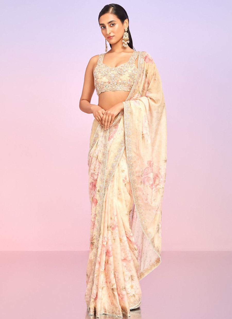 Women Lashkaraa | Yellow Floral Embellished Saree