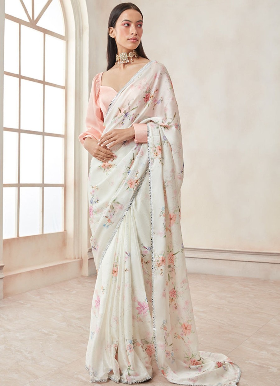 Women Lashkaraa | Peach And Off White Satin Georgette Saree