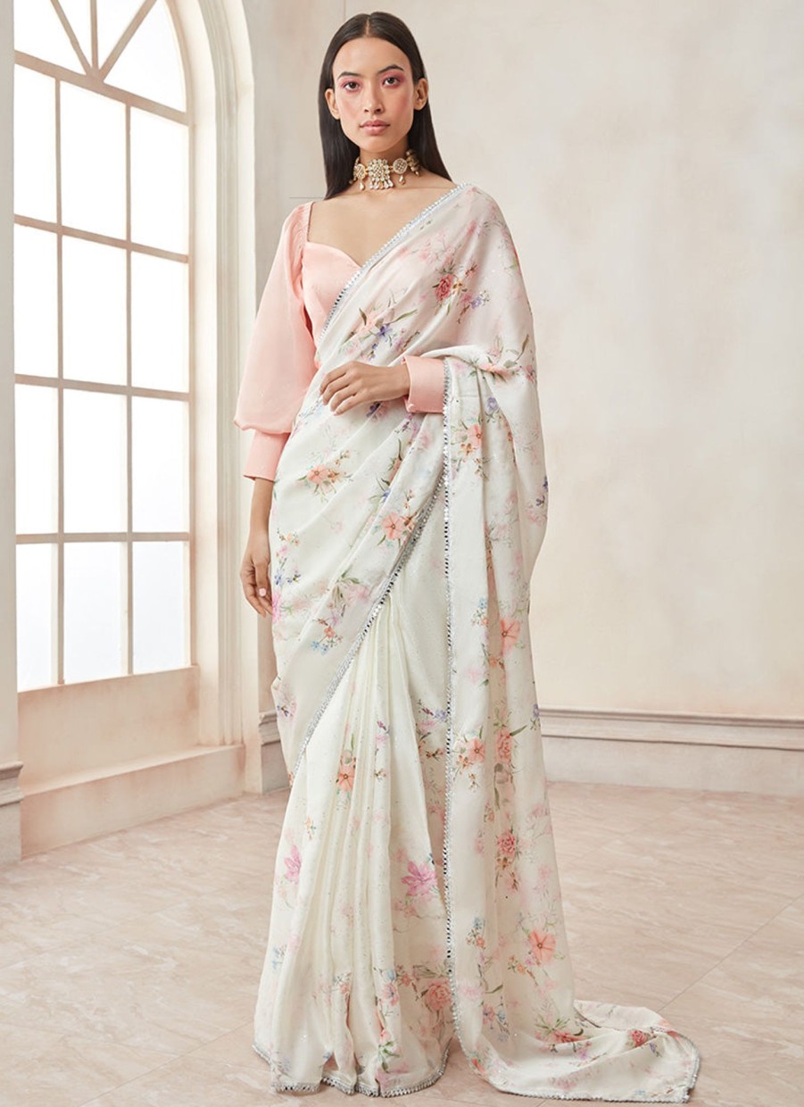 Women Lashkaraa | Peach And Off White Satin Georgette Saree