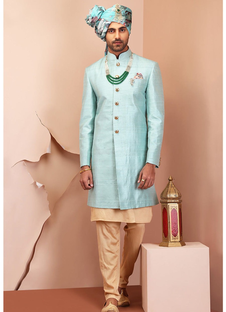 Men Lashkaraa | Light Blue Raw Silk Sherwani Set