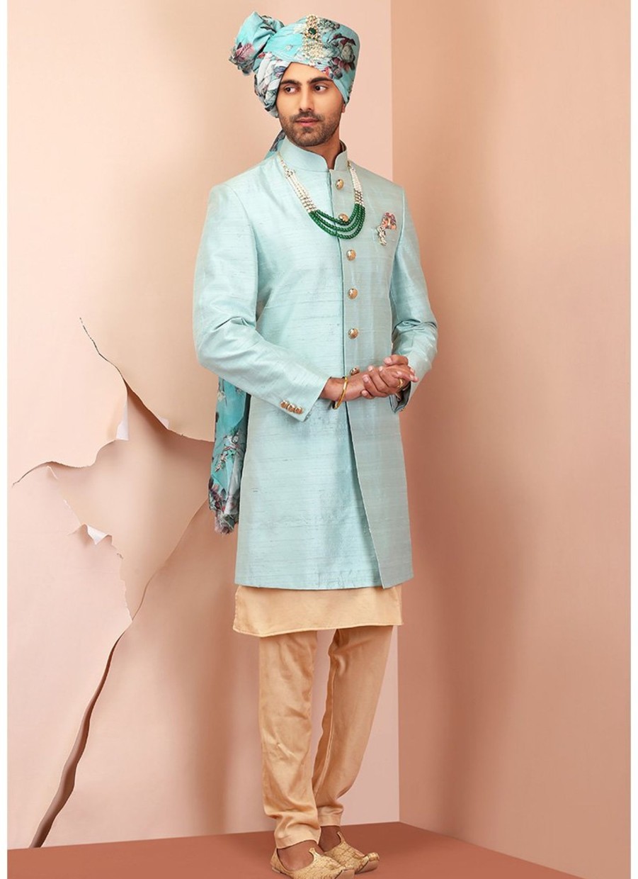 Men Lashkaraa | Light Blue Raw Silk Sherwani Set