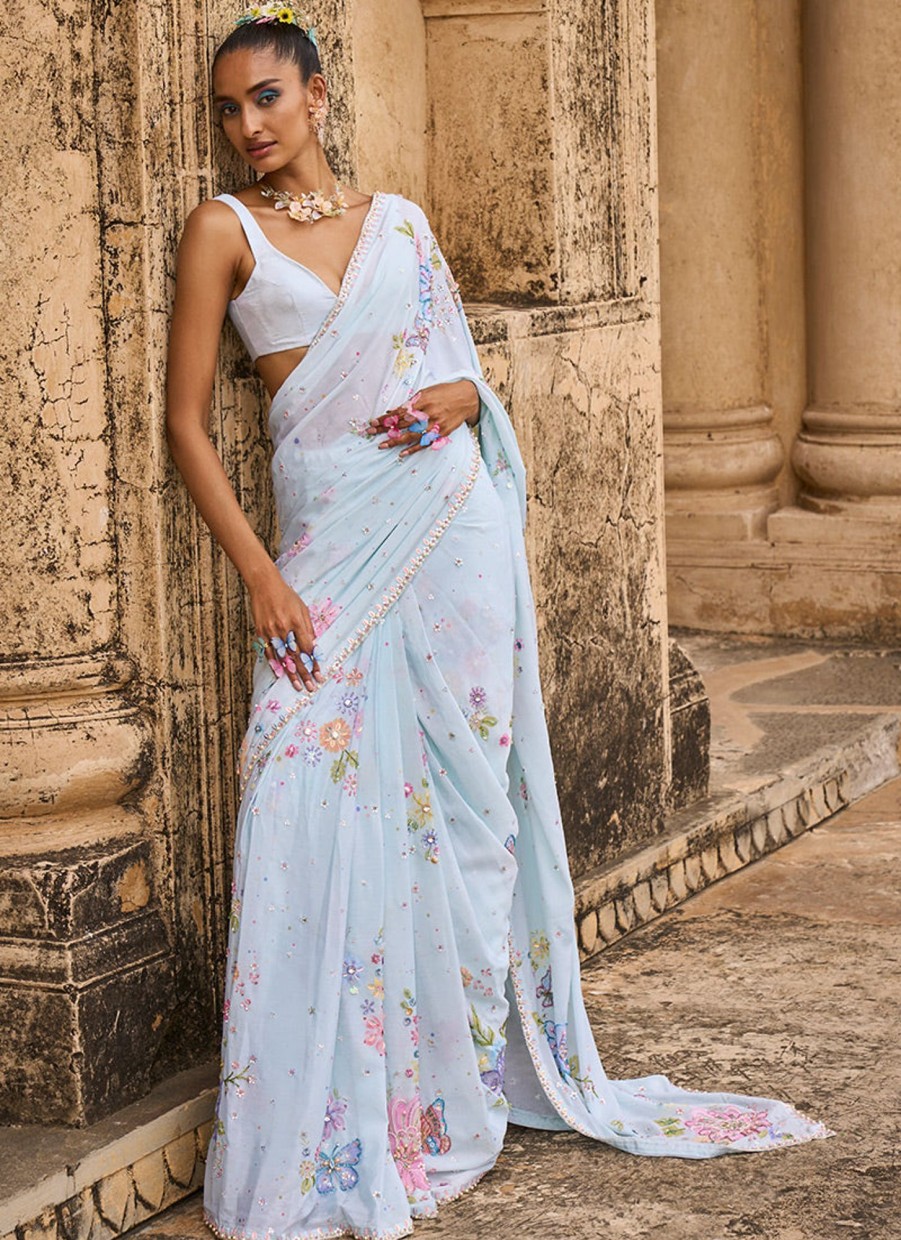 Women Lashkaraa | Soft Mint Embellished Chinon Saree