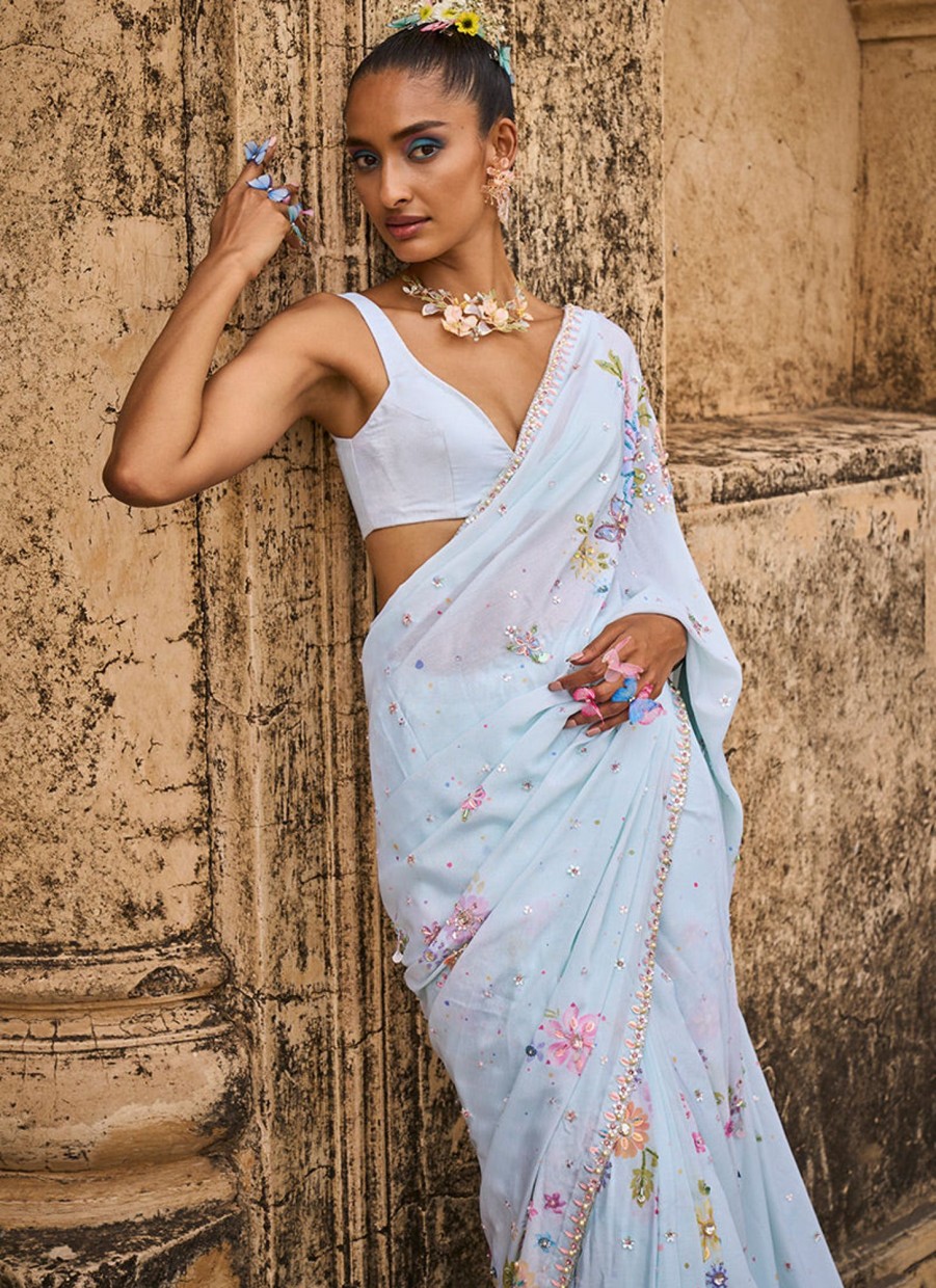 Women Lashkaraa | Soft Mint Embellished Chinon Saree