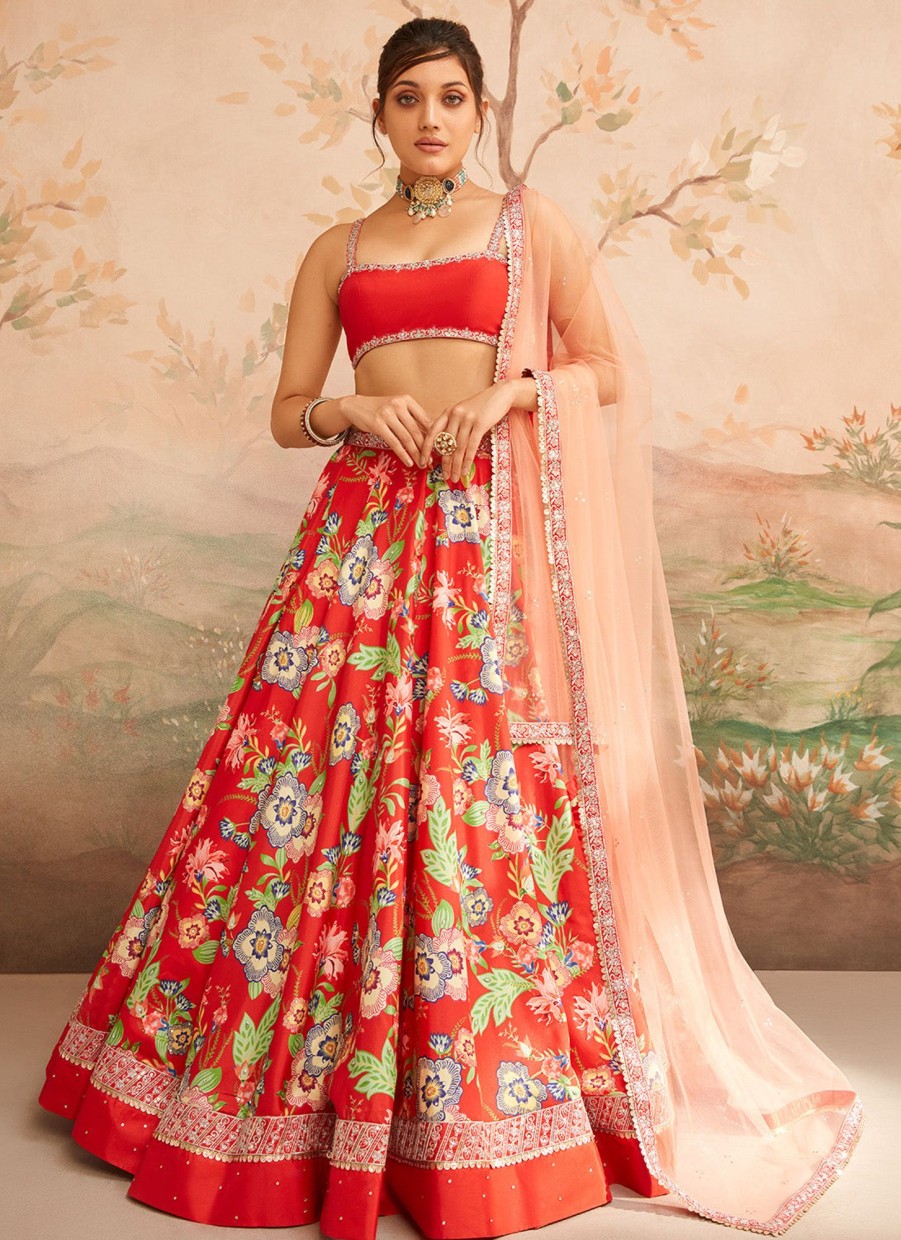 Women Lashkaraa | Red Floral Printed Lehenga