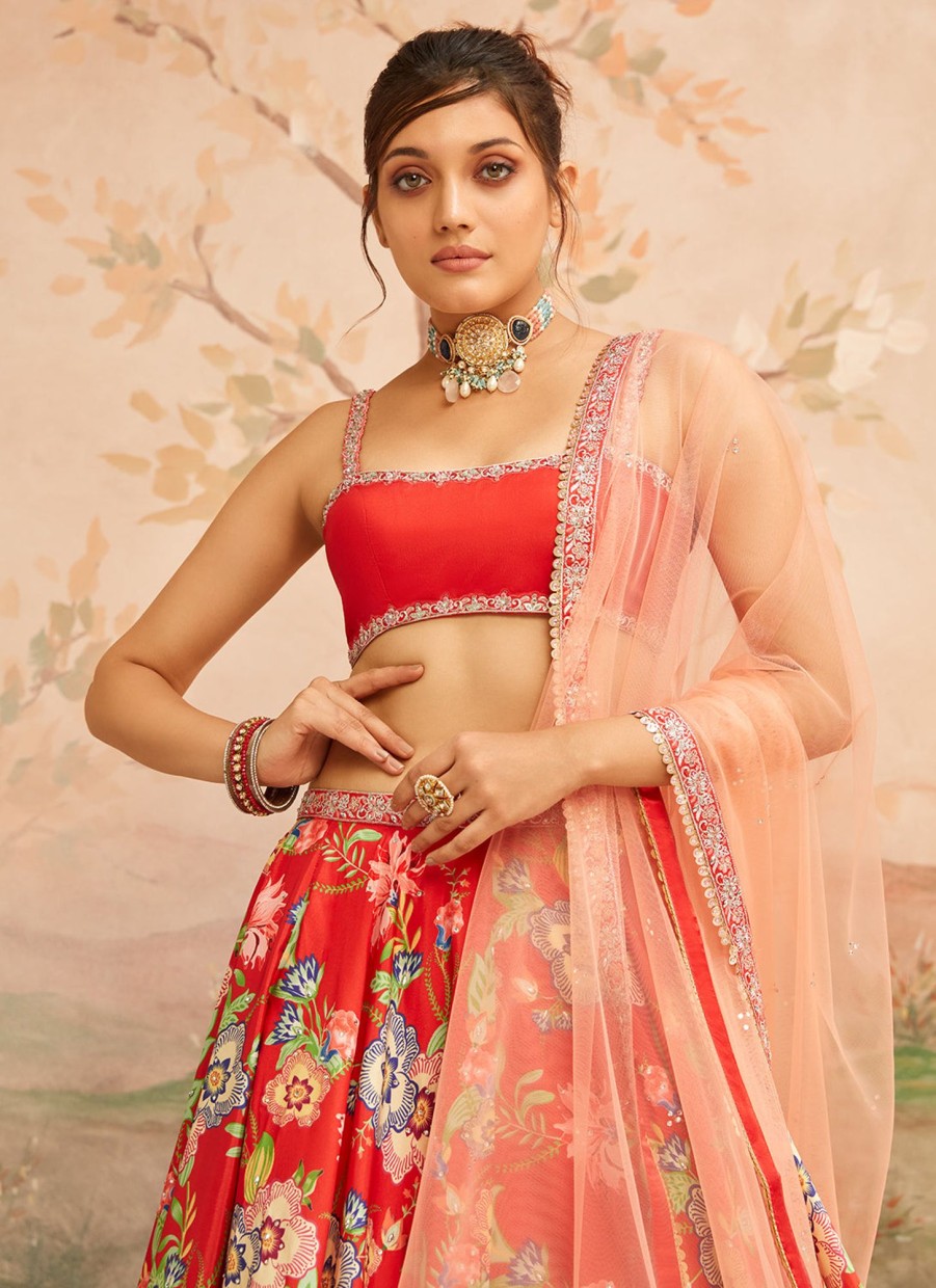 Women Lashkaraa | Red Floral Printed Lehenga