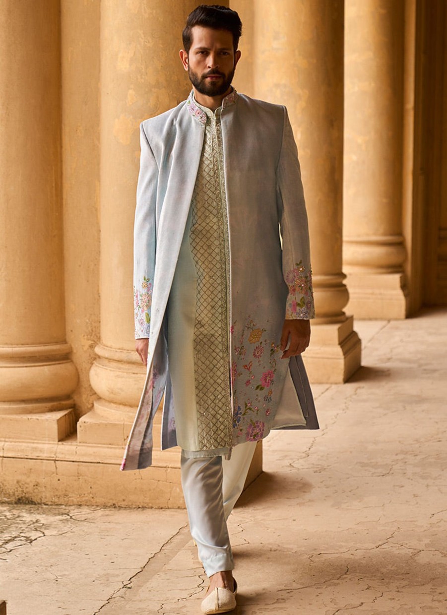 Men Lashkaraa | Soft Mint Hand Embroidered Velvet Jodhpuri Set