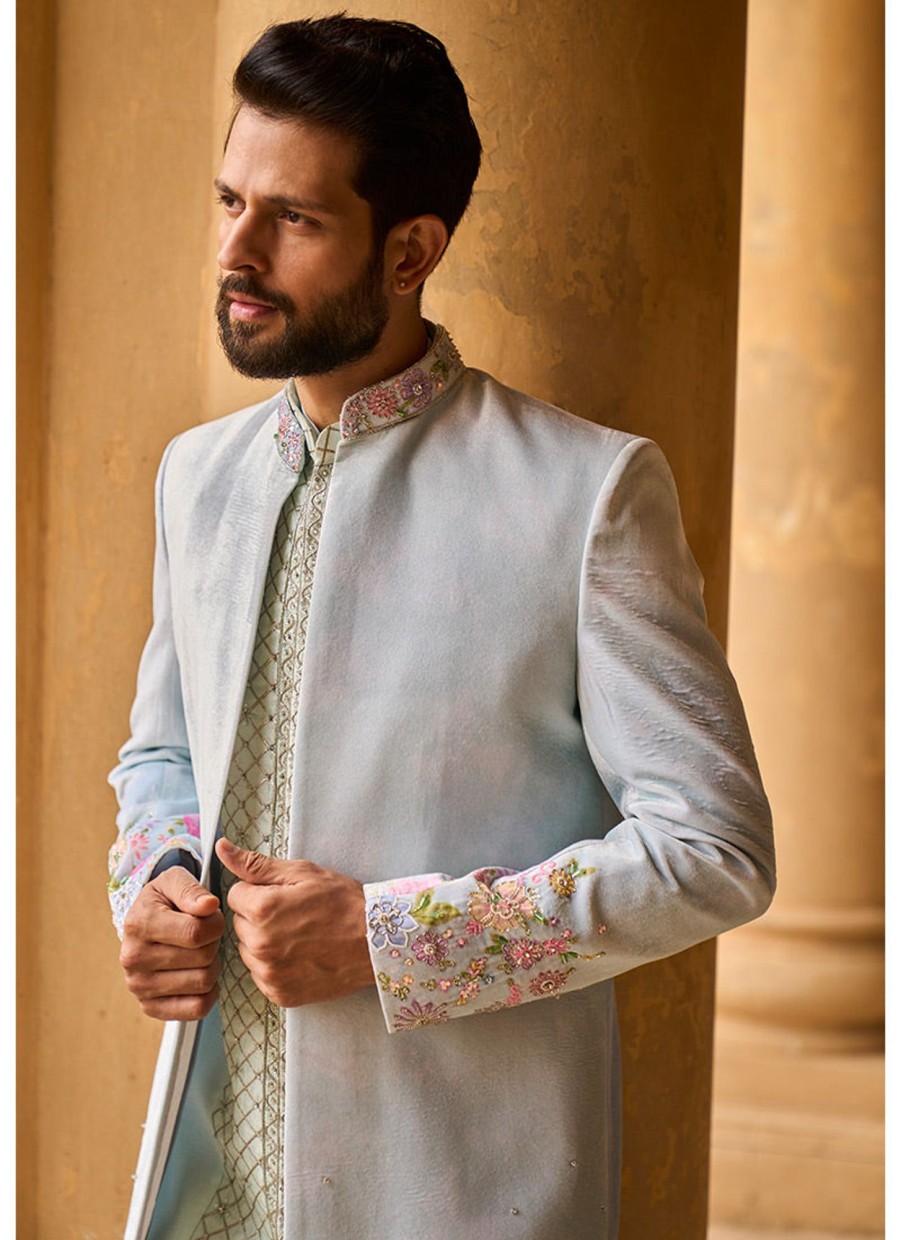 Men Lashkaraa | Soft Mint Hand Embroidered Velvet Jodhpuri Set