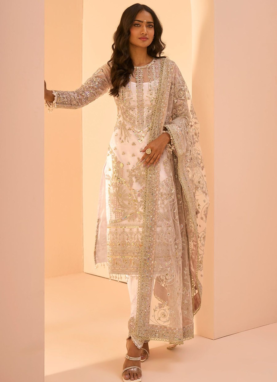 Women Lashkaraa | Soft Blush Embroidered Straight Suit