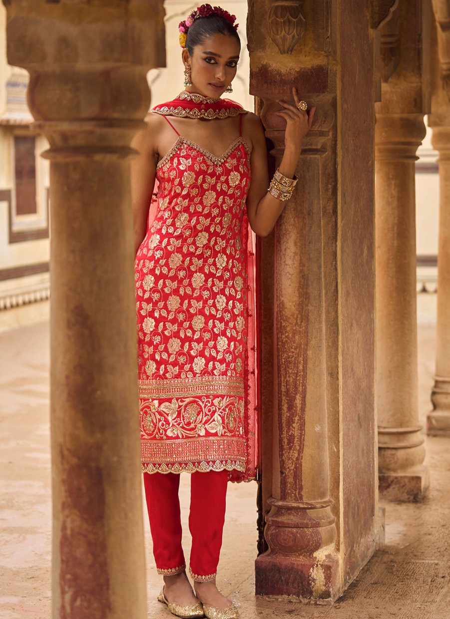 Women Lashkaraa | Red And Gold Hand Embroidered Straight Suit