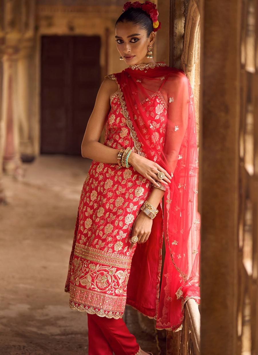 Women Lashkaraa | Red And Gold Hand Embroidered Straight Suit