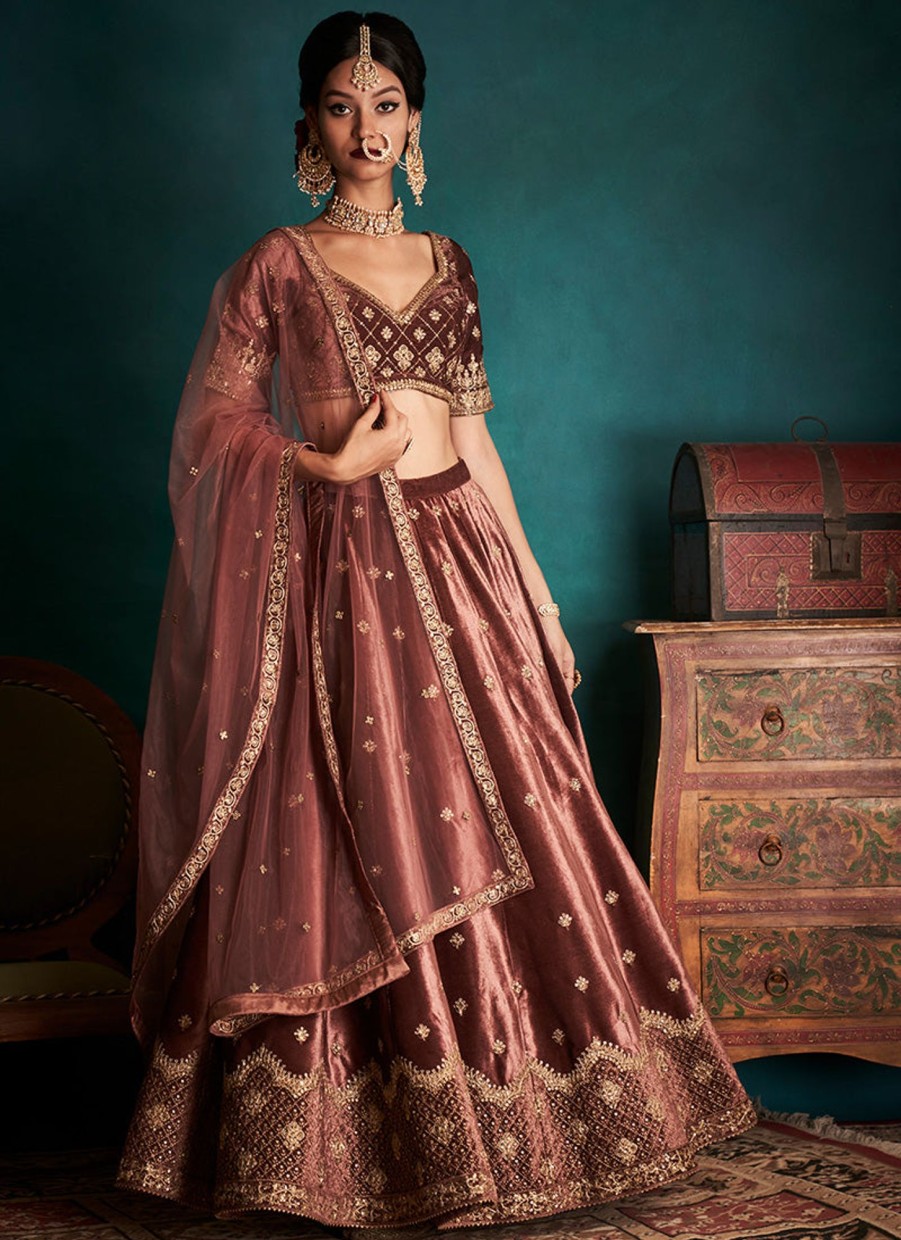 Women Lashkaraa | Dusty Mauve And Gold Embroidered Velvet Lehenga