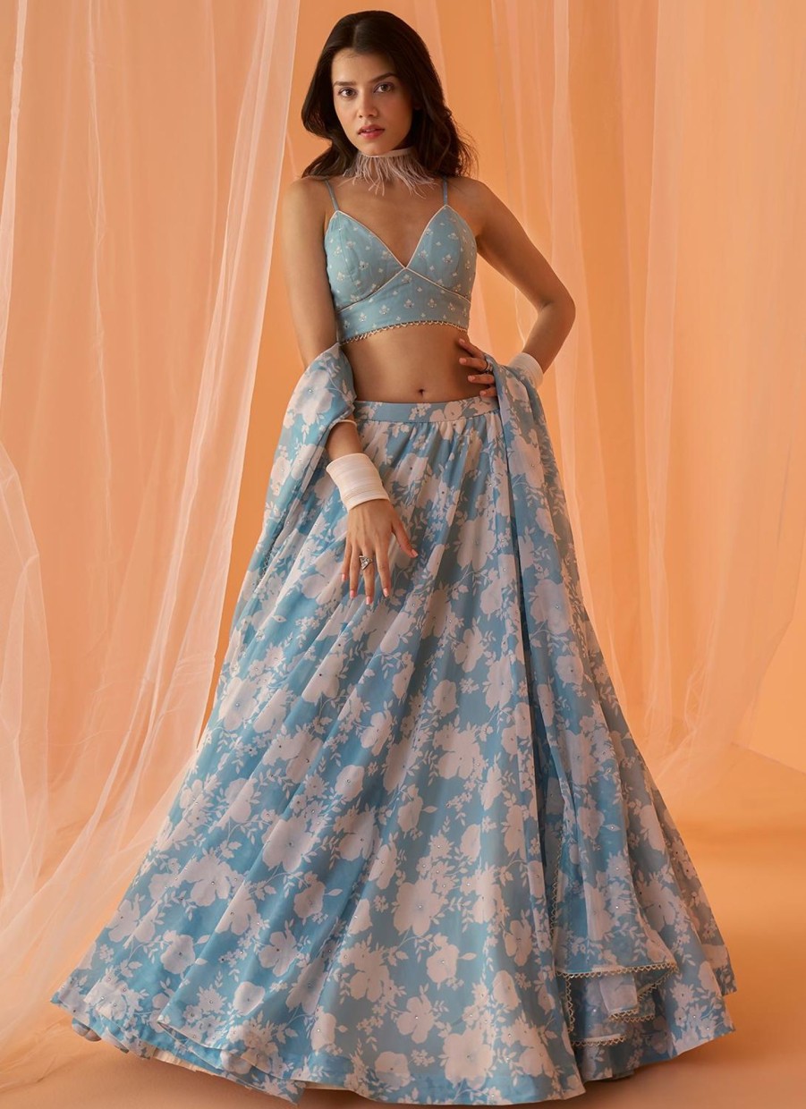 Women Lashkaraa | Pastel Blue White Floral Printed Lehenga