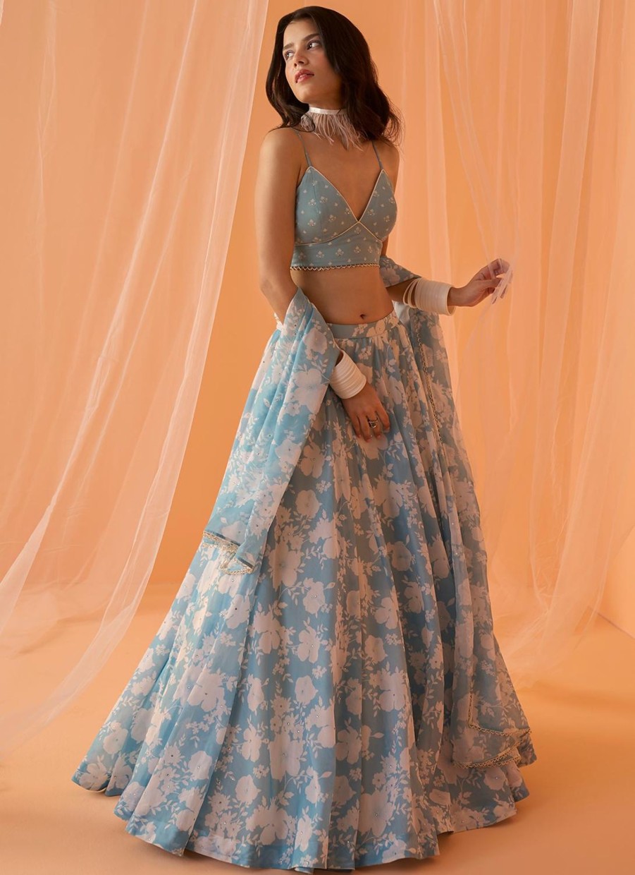 Women Lashkaraa | Pastel Blue White Floral Printed Lehenga