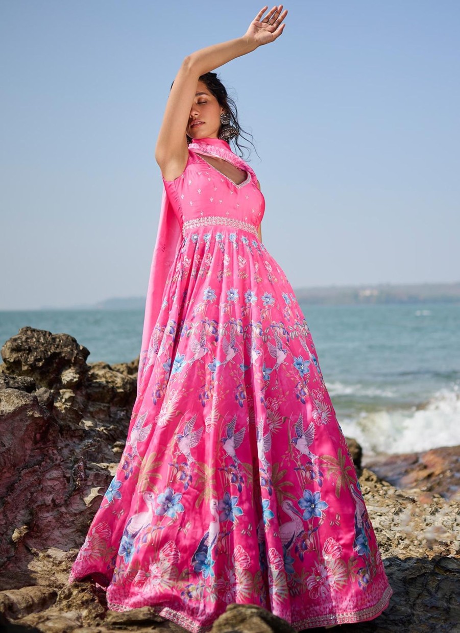 Women Lashkaraa | Pink Floral Printed Anarkali