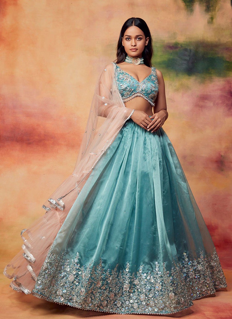 Women Lashkaraa | Dusty Teal And Pink Embroidered Lehenga