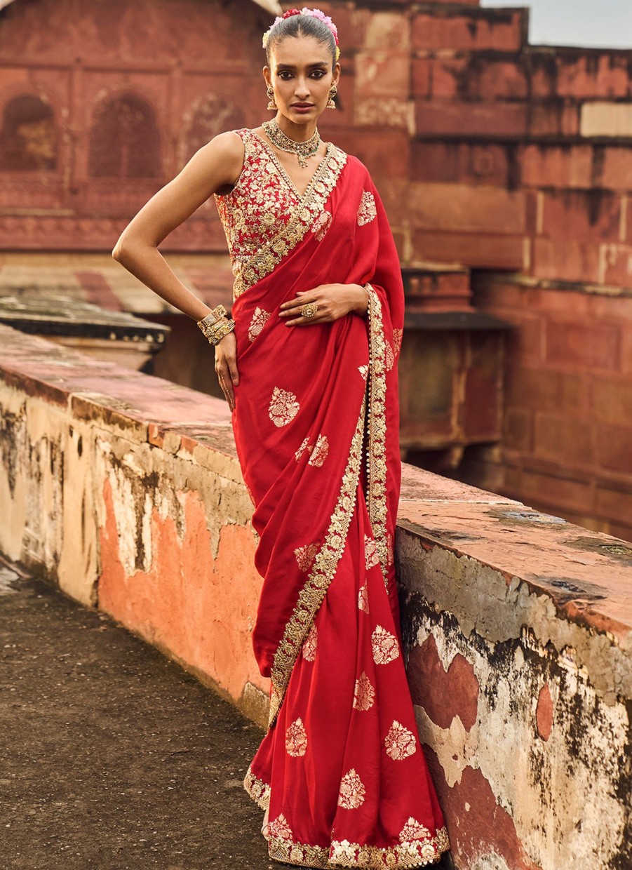 Women Lashkaraa | Red Embroidered Brocade Saree