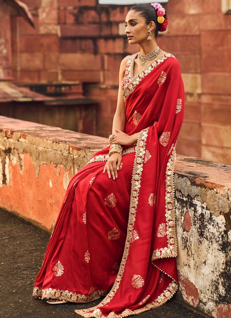 Women Lashkaraa | Red Embroidered Brocade Saree