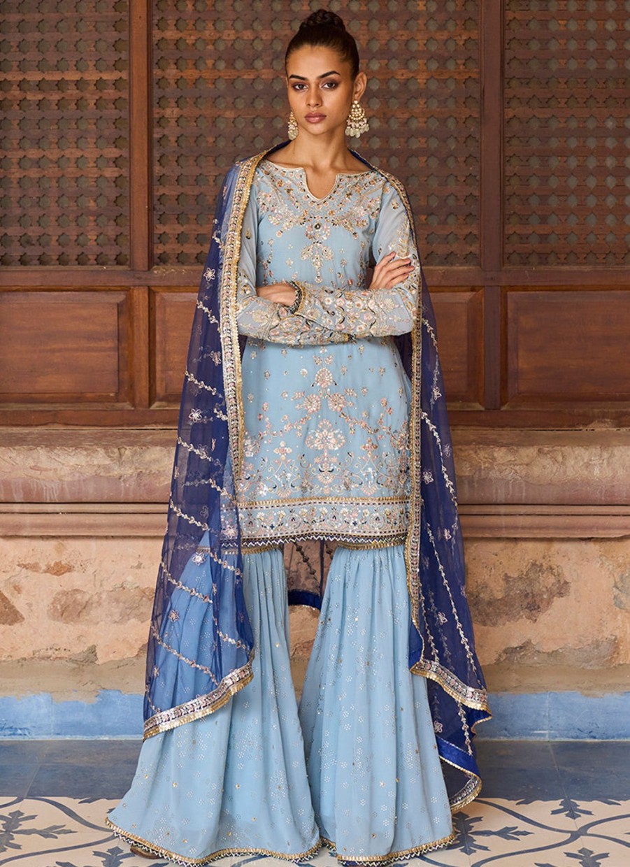 Women Lashkaraa | Dusty Blue Georgette Gharara Suit