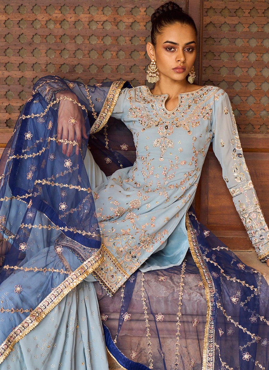 Women Lashkaraa | Dusty Blue Georgette Gharara Suit