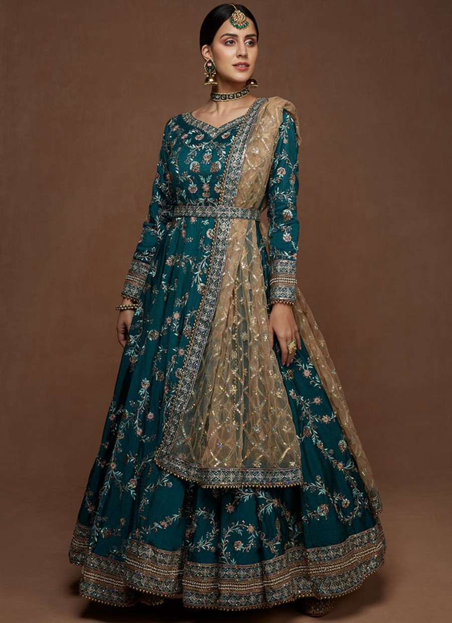 Women Lashkaraa | Teal Heavy Embroidered Silk Anarkali