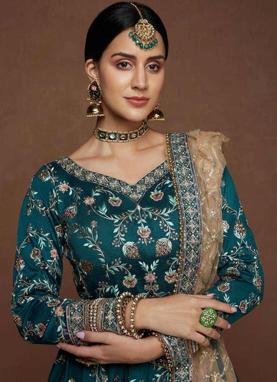 Women Lashkaraa | Teal Heavy Embroidered Silk Anarkali