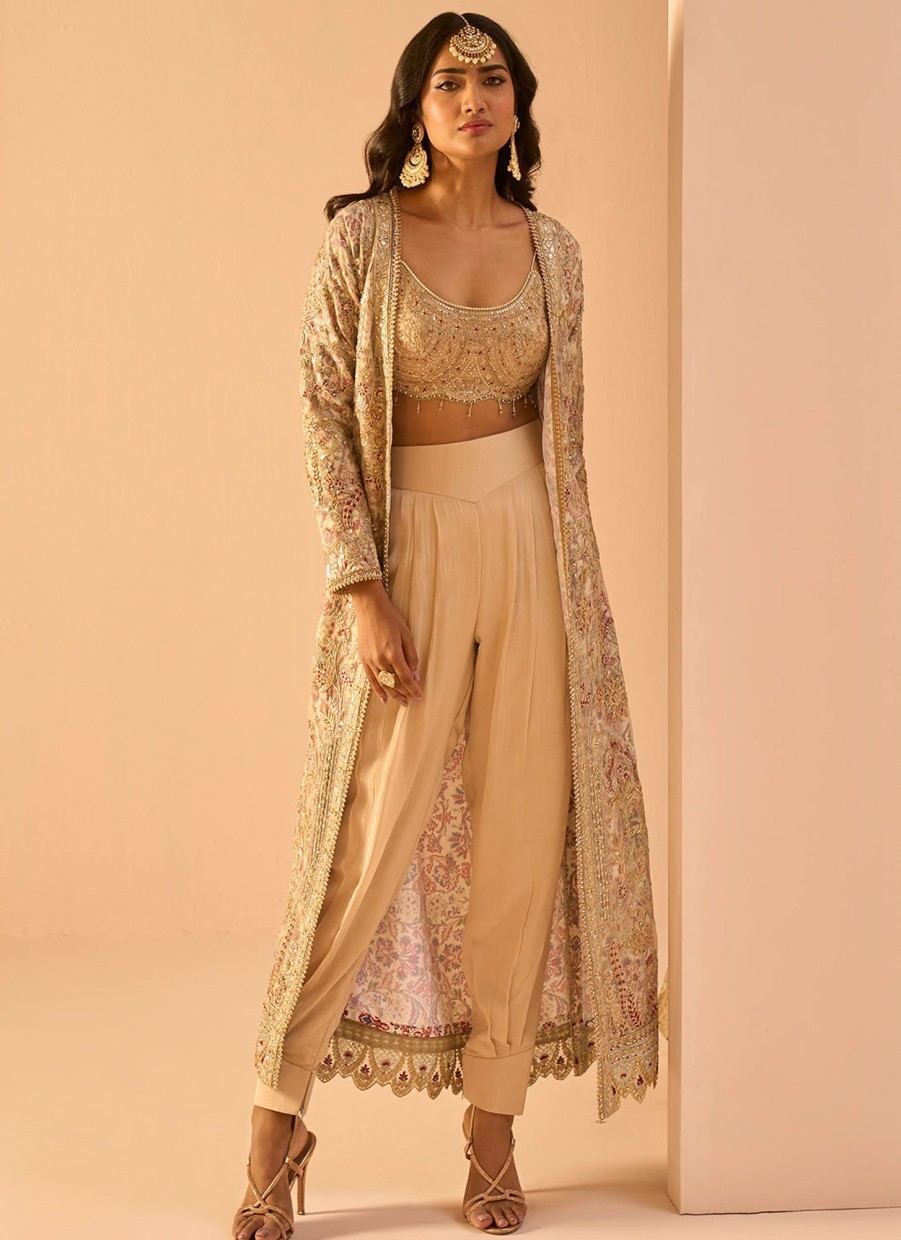 Women Lashkaraa | Golden Beige Embroidered Crop Jacket Set