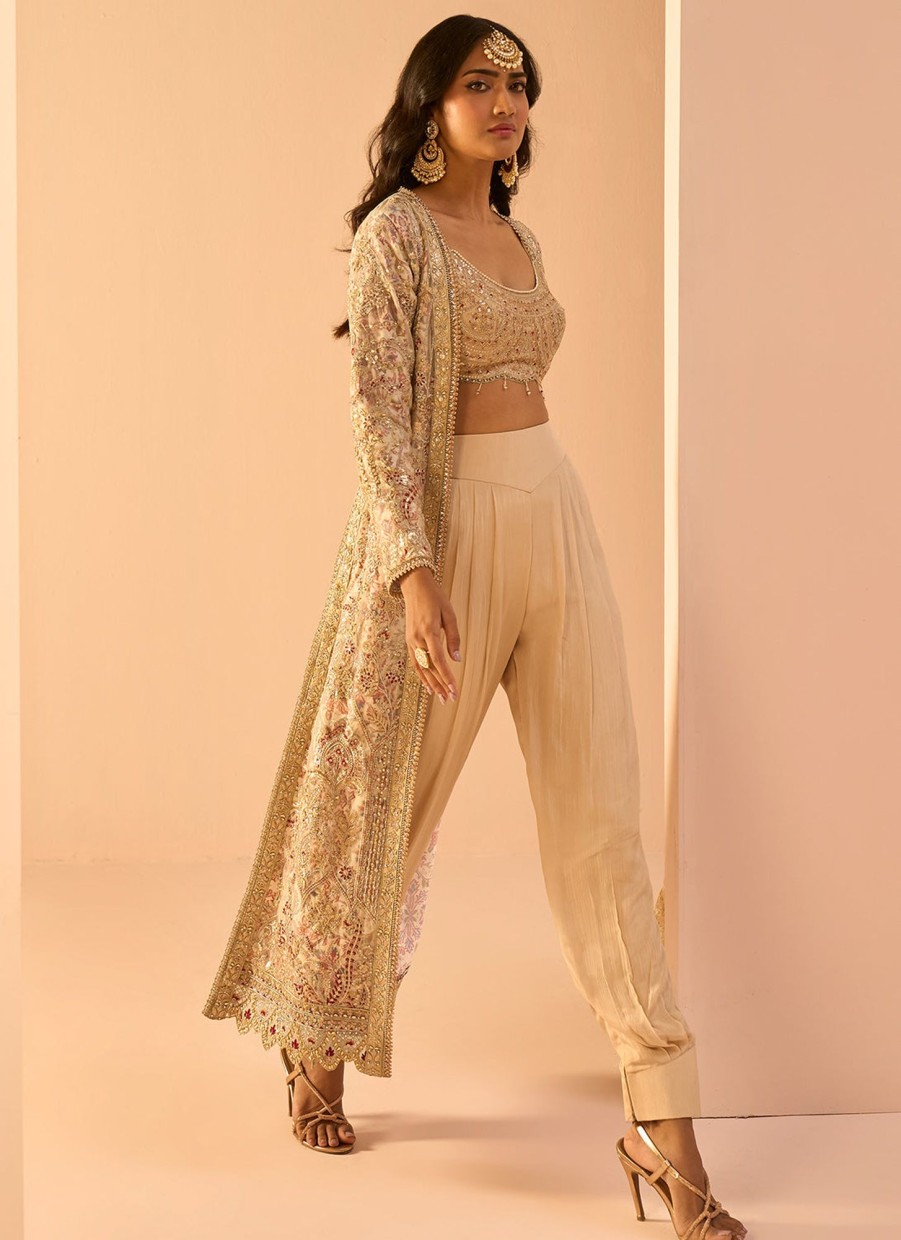 Women Lashkaraa | Golden Beige Embroidered Crop Jacket Set