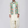 Men Lashkaraa | White Pathani Suit Set With Floral Waistcoat