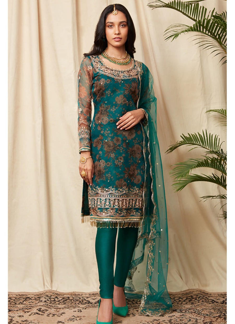 Women Lashkaraa | Teal Green Floral Organza Suit