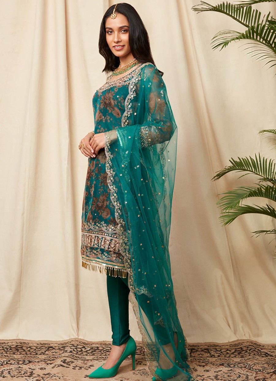 Women Lashkaraa | Teal Green Floral Organza Suit