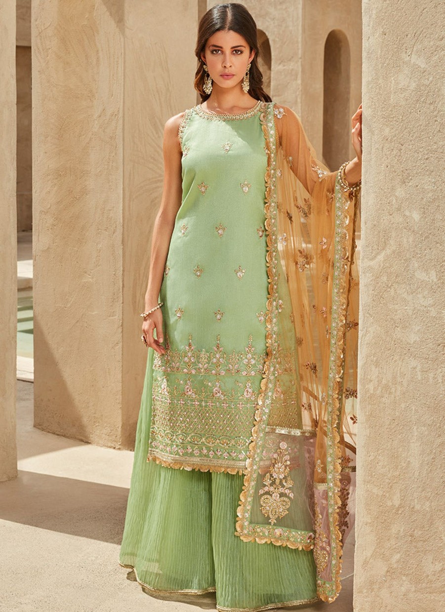 Women Lashkaraa | Dusty Green Embroidered Sharara Suit