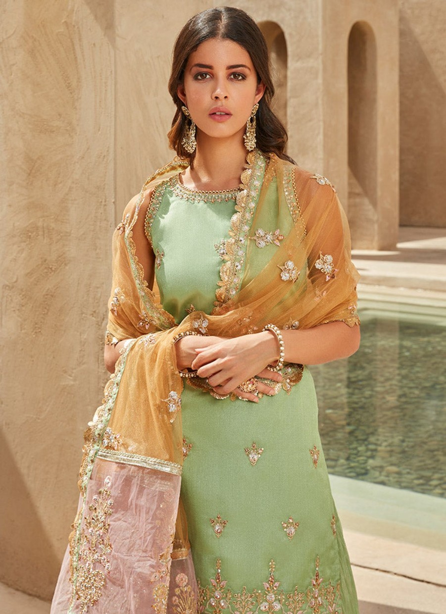 Women Lashkaraa | Dusty Green Embroidered Sharara Suit