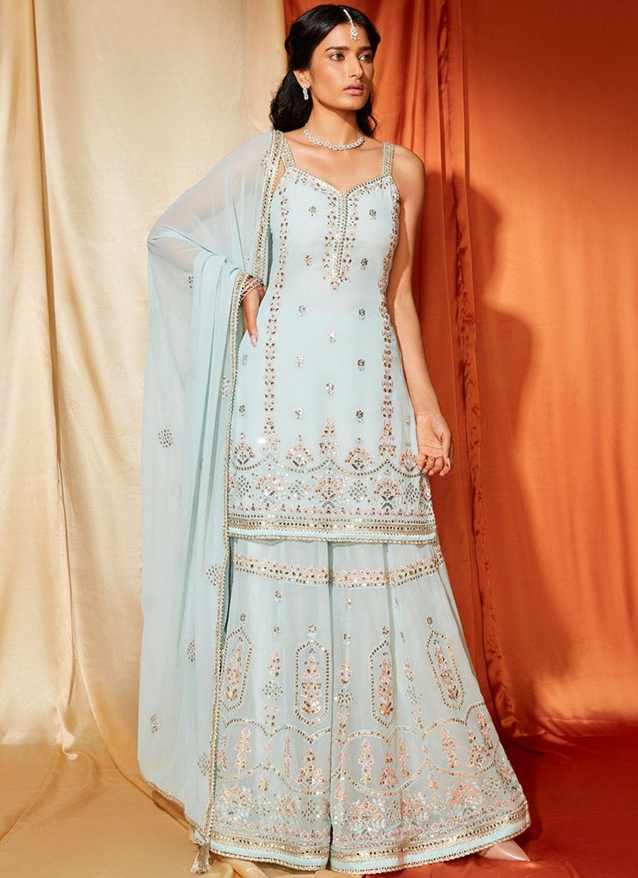 Women Lashkaraa | Powder Blue Embroidered Georgette Sharara Suit