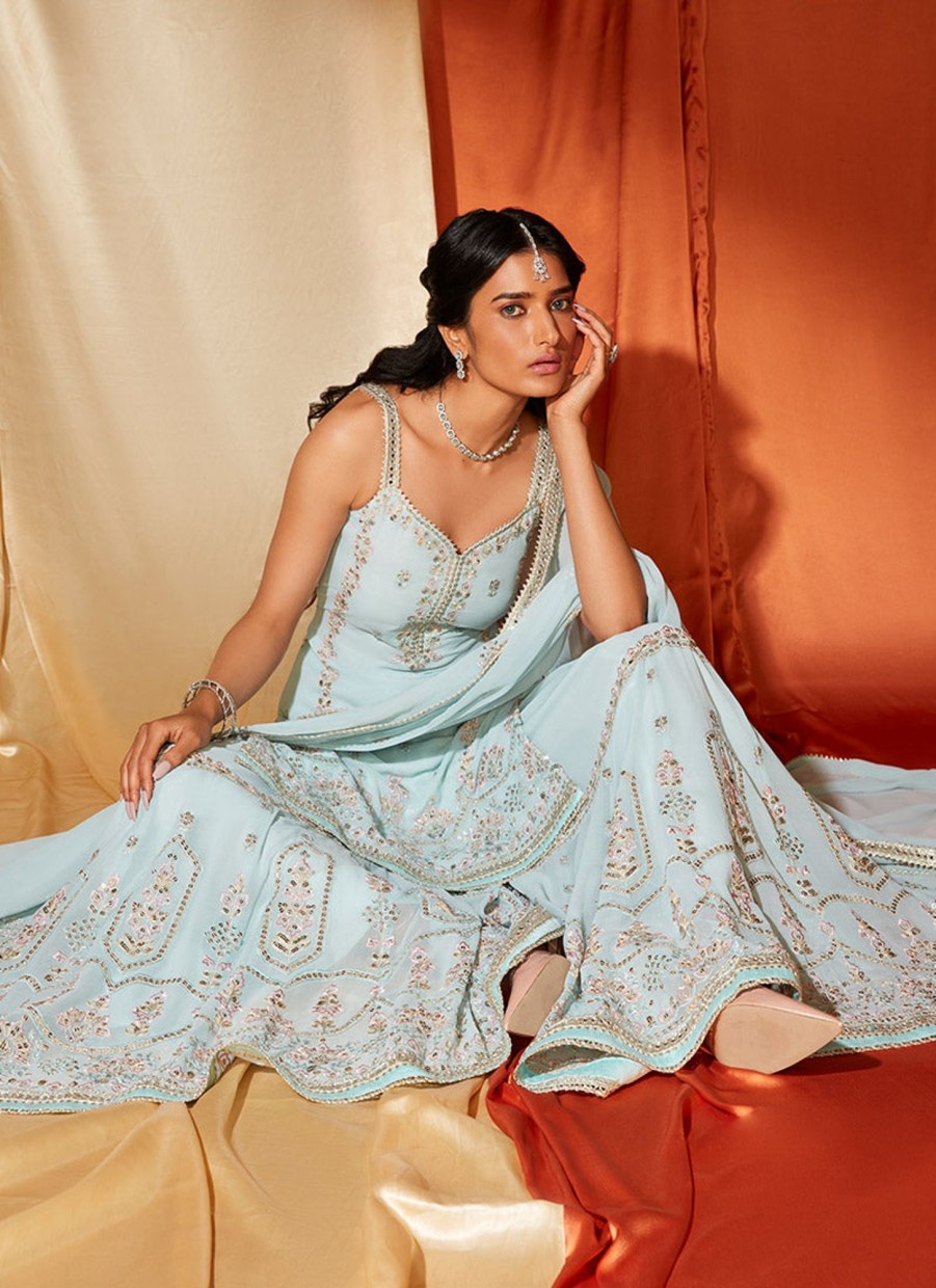 Women Lashkaraa | Powder Blue Embroidered Georgette Sharara Suit