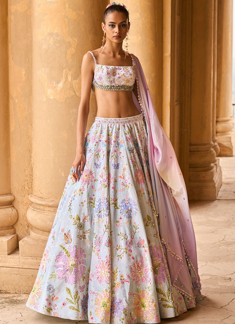 Women Lashkaraa | Mint And Purple Embellished Velvet Lehenga