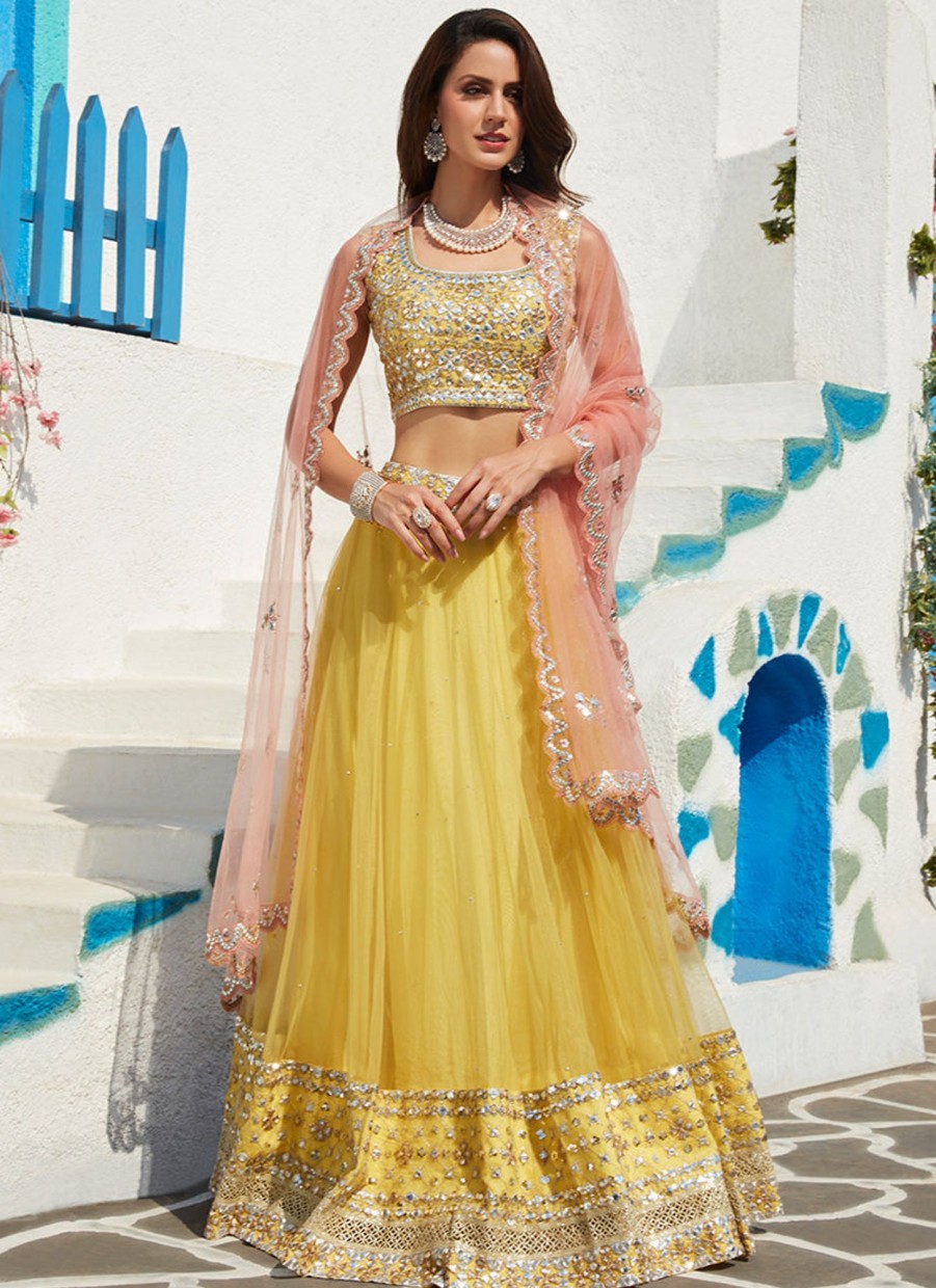 Women Lashkaraa | Yellow And Pink Embroidered Net Lehenga