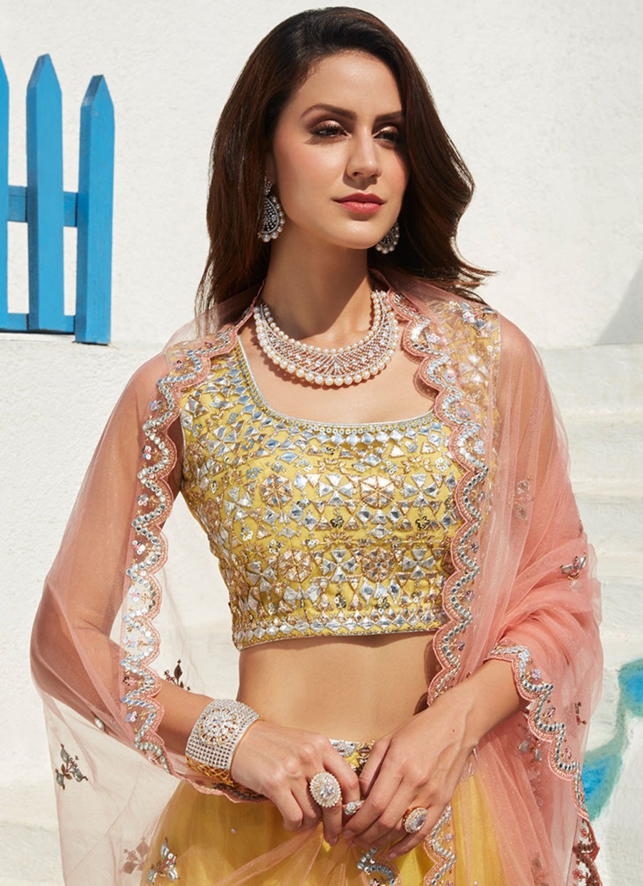 Women Lashkaraa | Yellow And Pink Embroidered Net Lehenga