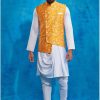 Men Lashkaraa | Yellow Printed Nehru Jacket And Drape Style Kurta Set