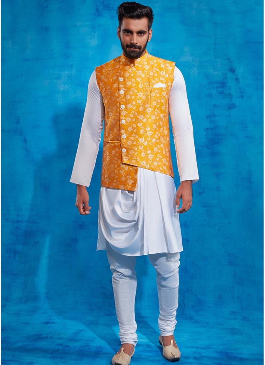 Men Lashkaraa | Yellow Printed Nehru Jacket And Drape Style Kurta Set