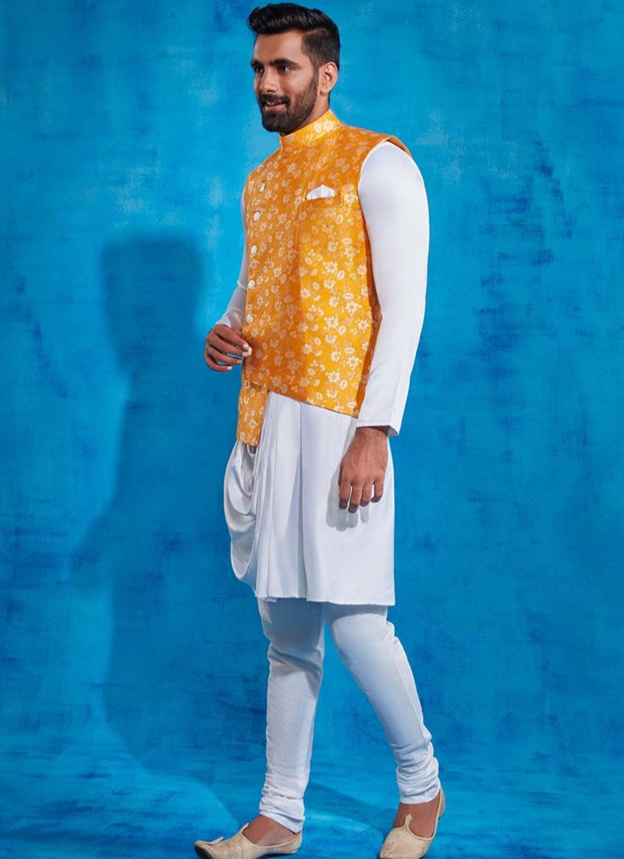 Men Lashkaraa | Yellow Printed Nehru Jacket And Drape Style Kurta Set