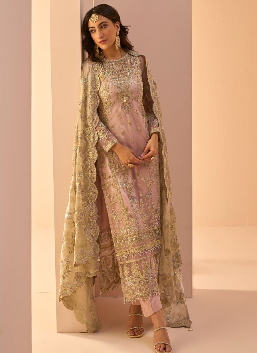 Women Lashkaraa | Dusty Pink Embroidered Straight Suit