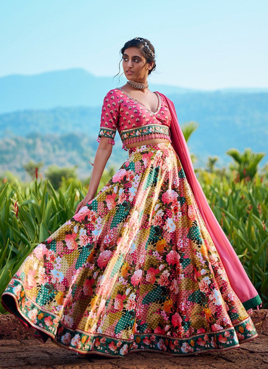 Women Lashkaraa | Hot Pink Multi Floral Printed Lehenga