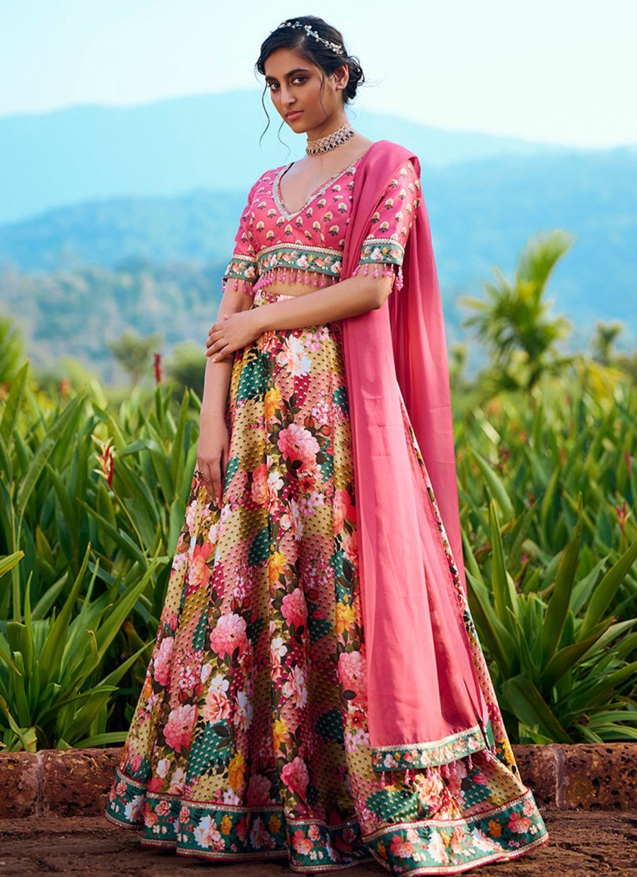 Women Lashkaraa | Hot Pink Multi Floral Printed Lehenga